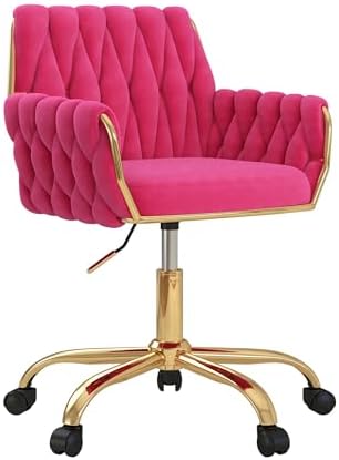 Velvet Home Office Chair, Modern Height-Adjustable Vanity Chair with Golden Base and Hand-Woven Backrest for Bedroom/Study/Vanity (Hot Pink)