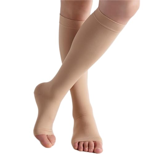 Bounfend® Compression Socks 20-30mmHg, Knee High Open Toe, Medical Grade Stockings for Women and Men,Varicose Vein Swollen Legs, Shin Splints, Nursing, Travel, Beige XXXL