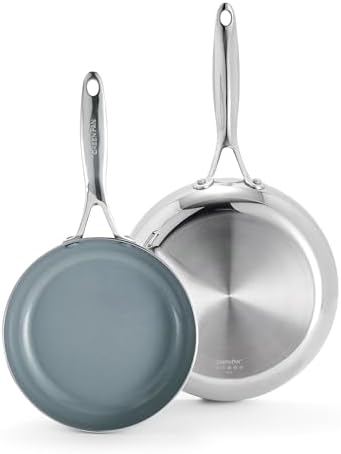 GreenPan Valencia Pro Tri-Ply Stainless Steel 8â€ and 10â€ Frying Pan Skillet Set, Ceramic Nonstick PFAS-Free Coating, Multi Clad Cookware, Induction, Dishwasher Oven and Broiler Safe