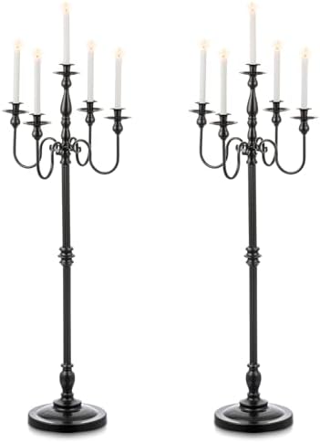 Floor Candelabra Candle Holder: 48 Inches Black Candelabras Set of 2 Halloween Decor 5 Arm Tall Dinning Tables Centerpieces Modern Candles Stand Fireplace Decoration