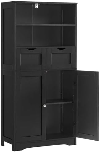 Iwell Tall Storage Cabinet, Black Storage Cabinet with 2 Drawers & Adjustable Shelves, Bathroom Cabinet for Living Room, Dining Room, Entryway, Black