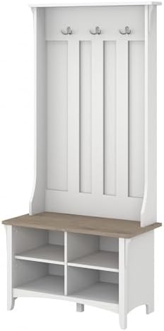 Bush Furniture Salinas Hall Tree with Shoe Storage Bench in Shiplap Gray and Pure White, Multi-Purpose Home Organizer, Entryway Solution with Seating and Hooks