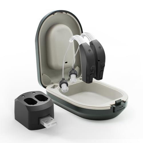 JUANGU Hearing Aids Rechargeable OTC BTE Hearing Amplifiers for Seniors with DSP Processing System Noise Reduction Volume Control Invisible Design(black)