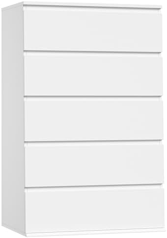 FOTOSOK White Dresser, 5 Drawer Dresser Tall White Dresser with Large Storage Space, Modern Storage Chest of Drawers, 23.6L x 17.6W x 39.1H Inch Storage Organizer Cabinet for Home, White