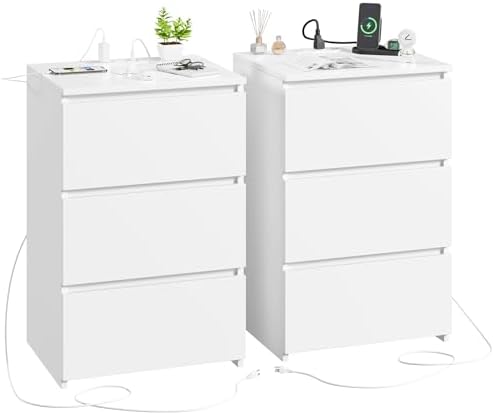 FOTOSOK White Nightstand Set of 2, 26" H White Night Stand with Charging Station, Nightstand Set 2 with USB Ports & Power Outlets, Silent Slides, Wooden End Side Table Bedside Table for Bedroom
