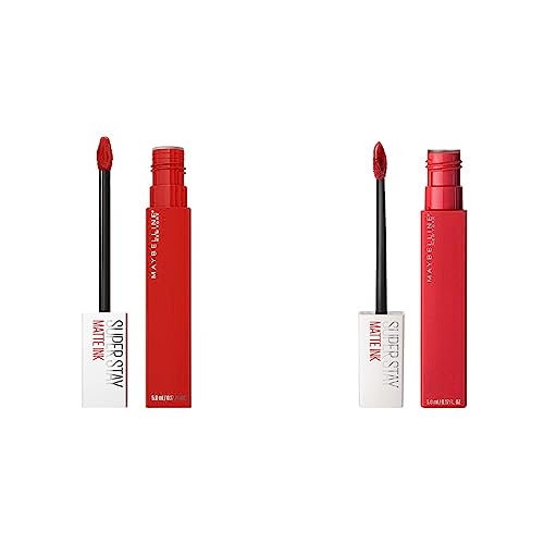 MAYBELLINE Super Stay Matte Ink Liquid Lipstick Set with Blue Red Pioneer & Cardinal Red Innovator Shades, Long Lasting 16H Wear