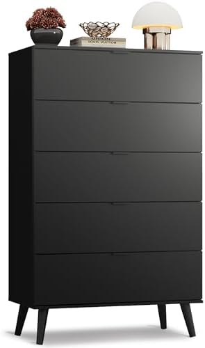 WLIVE 5 Drawer Dresser for Bedroom, Tall Wood Dresser, Black Dressers Storage Organizer with Sturdy Metal Handle, Chest of Drawers for Living Room, Hallway, Closet
