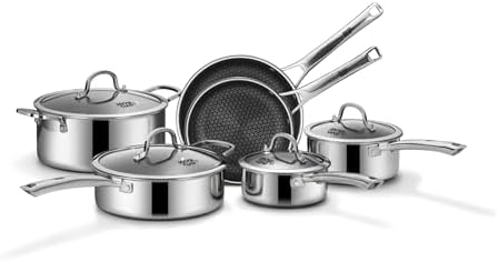 SNOWCLAD Pots and Pans Set Non Stick, 10 Pcs Hybrid Stainless Steel Cookware Sets, Non Stick Frying Pans, Saucepans, Saute Pan & Stock Pot, PFOA Free Kitchen Skillet,Induction Compatible