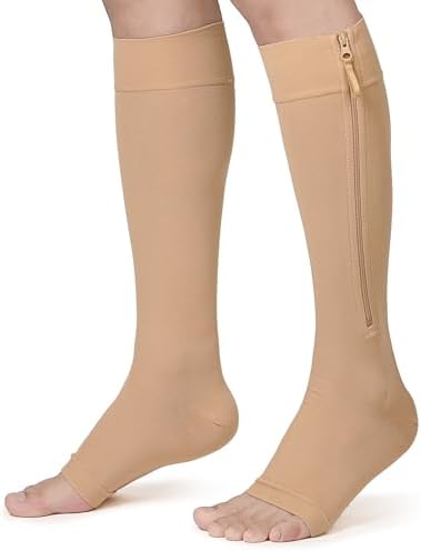 KEKING® Zipper Compression Socks for Men Women, Open Toe, 20-30mmHg Firm Support Knee High Zipper Compression Stockings for Wide Calf - Varicose Veins, DVT, Shin Splints, Edema, Nursing, Beige 3XL
