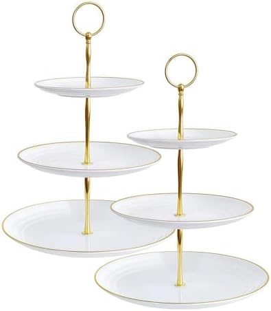 RAUVOLFIA 3 Tier Plastic Cupcake Stand, Tiered Serving Cake Stand, Round White Dessert Stand, Weddings Parties Pastry Serving Tray (2 Pack, White Plate with Gold Rim)