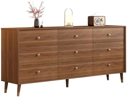 Mid Century Modern 9-Drawer Dresser, 63 Inch Wide Solid Wood Frame Chest, Walnut Finish, Beveled Design, Heavy-Duty Drawer Glides, Storage Cabinet for Bedroom, Living Room, TV Stand