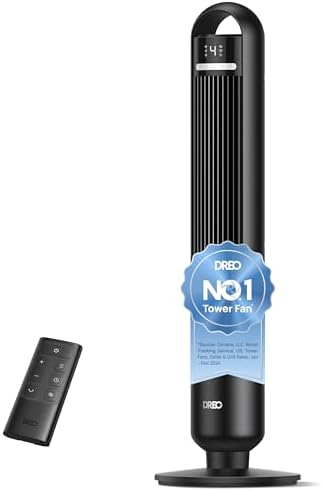 Dreo Tower Fan for Bedroom, 90° Oscillating Standing Fans for Room with 4 Speeds, 3 Modes, 28dB Quiet for Sleep, 25ft/s Velocity, 8H Timer, Remote, Living Room, Office, Home, Black, TF117