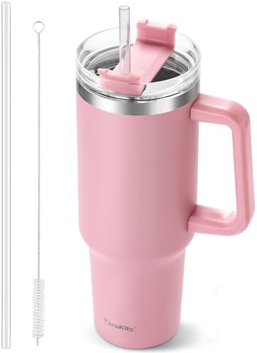 40 oz Tumbler with Handle and Straw, Pink Insulated Travel Mug Iced Coffee Cup, Reusable Stainless Steel Insulated Water Bottle, Keeps Drinks Cold for 34 Hours, Women Christmas Gifts for Mom Grandma