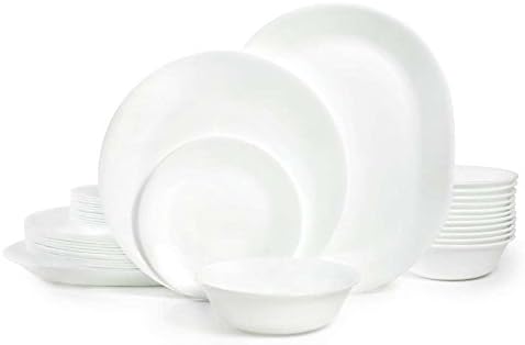 Corelle Vitrelle 38-Piece Service for 12 Dinnerware Set, Triple Layer Glass and Chip Resistant, Lightweight Round Plates and Bowls Set, Winter Frost White