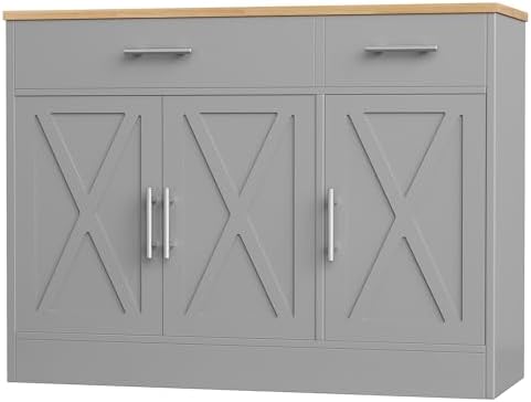 Shintenchi Modern Farmhouse Sideboard Buffet Cabinet with Storage with 3 Doors, 42"Barn Doors Buffet Cabinet with Storage, Wood Coffee Bar Cabinet with Adjustable Shelf for Kitchen, Living Room, Grey