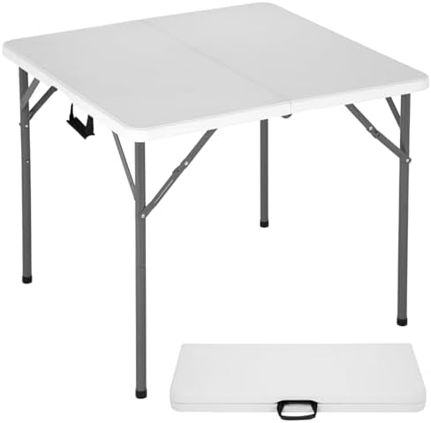 34" Square Plastic Folding Card Table, Portable Outdoor Dining Table with Collapsible Legs and Carrying Handle,Plastic Tables for Camping,Picnic, Office, Party, White