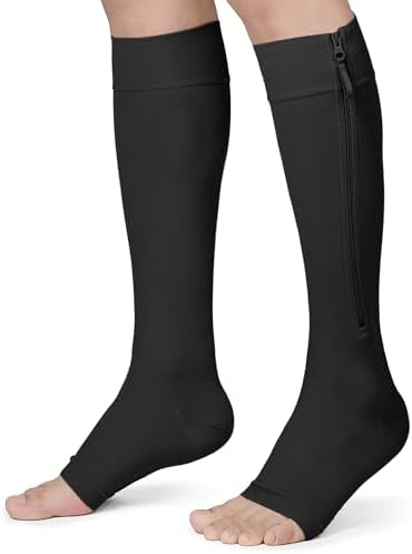 KEKING® Zipper Compression Socks for Men Women, Open Toe, 20-30mmHg Firm Support Knee High Zipper Compression Stockings for Wide Calf - Varicose Veins, DVT, Shin Splints, Edema, Nursing, Black L