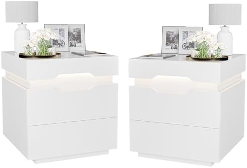 YESHOMY Nightstand with LED Light and Charging Station, Endtable with 2 Drawers, Bedside Table with Large Capacity, for Bedroom, Set of 2, 21.2" Height, White
