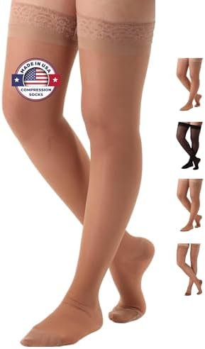 ABSOLUTE SUPPORT Made in USA - Compression Thigh High Stockings with Silicone Border for Women 15-20mmHg | For Lymphedema, Swelling, Post Surgery Recovery - Beige, Small, A102BE1