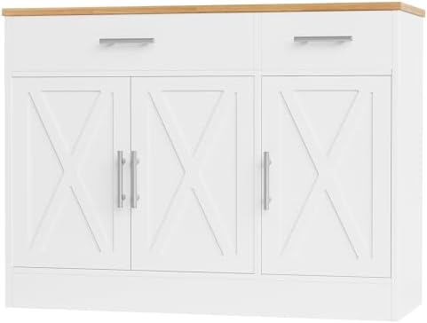 Shintenchi Modern Farmhouse Sideboard Buffet Cabinet with Storage with 3 Doors,42" Barn Doors Buffet Cabinet with Storage, Wood Coffee Bar Cabinets with Adjustable Shelf for Kitchen Living Room,White