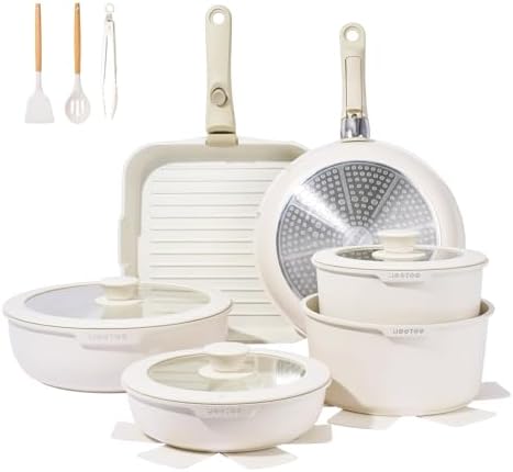 JEETEE 25pcs Pots and Pan Set Non Stick,Detachable Handle Cookware Set,Induction Cooking & RV Camping Stackable Pots Pans，Healthy Kitchen Cookware Set PFAS/PFOA Free Beige