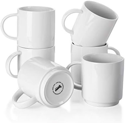 Sweese 10 Oz Stackable White Coffee Mug, Porcelain Coffee Mugs Sets of 6, Coffee Cups with Handle for Specialty Coffee Drinks, Cappuccino, Cafe Mocha, Latte and Tea, White