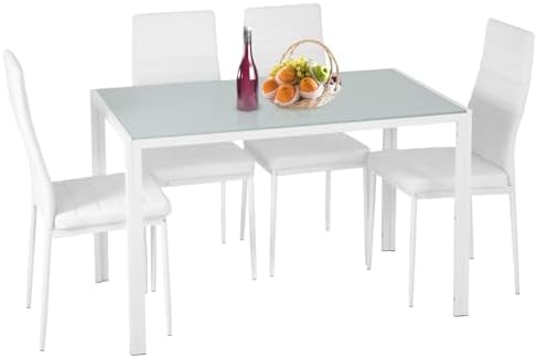 FDW | 5-Piece Dining Table Set | White | Glass Kitchen Table with 4 Upholstered Chairs and Faux Leather Cushions | Space-Saving and Modern Design | for Dining Room, Easy to Assemble