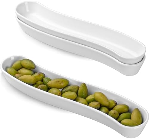 3-Pack Olive Plates-Versatile Ceramic Olive Tray for Snacks, Appetizers Platter-Long Arc Shape Boat Restaurantware for Entertaining and Displaying Appetizers-Dishwasher & Microwave Safe (12 inches)