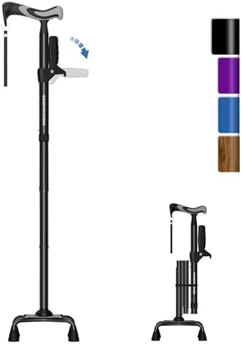 KingPavonini Walking Cane for Women/Men with Second Handle, Foldable & Adjustable Quad Cane with 4-Pronged Base for Standing, Lightweight Walking Aid for Seniors & Adults