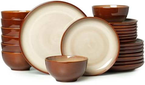 24 Piece Dinnerware Sets for 8, Modern Stoneware Plates and Bowls Sets, Perfect for Family Gatherings & Holiday Celebrations, Easy Cleaning Dish Set, Stack Compactly Dinner Set, Brown Yellow
