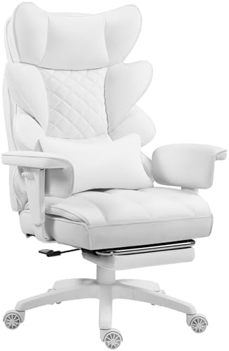 Dowinx Big and Tall Office Chair with Pocket Spring Cushion,High Back Computer Gaming Chairs with Adjustable Armrests and Lumbar Support,Executive Desk Chairs with Footrest(PU Leather,White)