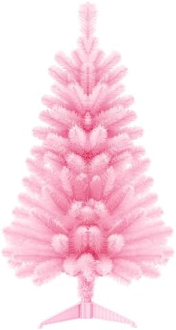 3Ft Premium Artificial Small Mini Christmas Tree for Tabletop,Home, Office, Indoor and Outdoor Decor,Holiday Decoration,Easy Assembly Metal Hinges & Foldable Base 160 Branch Tips Pink Tree