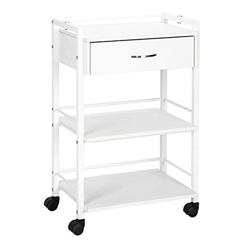 Salon Trolley Cart with Wheels, Wooden Rolling Storage Station, Mobile Utility Cabinet with 1 Drawer 2 Trays, Medical Esthetic Supply for Beauty SPA Massage Tattoo Facials, White