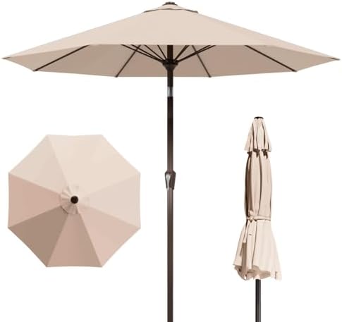 9FT Patio Umbrella with Fiberglass Ribs, Outdoor Market Table Umbrella with Crank and Tilt, UV Resistant Waterproof Canopy for Patio, Garden, Deck, Pool, Beige