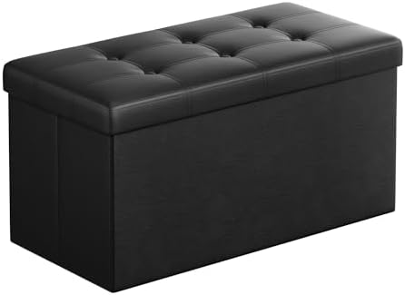 SONGMICS MAZIE Collection-30 Inches Folding Bench Ottoman with Storage, Foot Rest Stool, Load 660 lb, for Living Room, Synthetic Leather, Black ULSF105, 15" D x 30" W x 15" H
