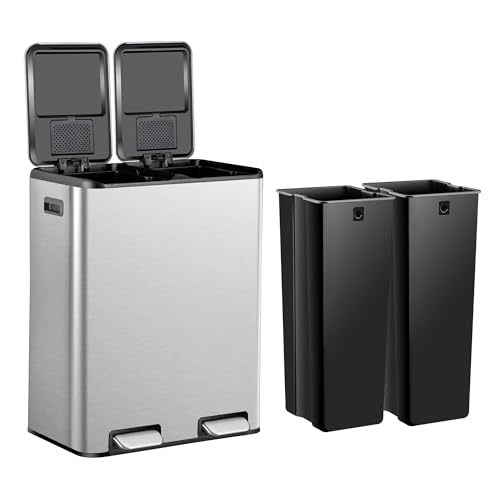 SUPER DEAL Kitchen Trash Can 16 Gallon 60L Dual Stainless Steel Garbage and Recycling Can with Foot Pedal for Kitchen, Living Room, Office, Removable Inner Buckets Soft Close Lid Odor Proof, Silver