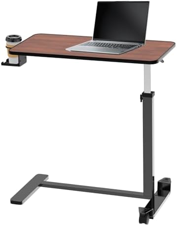 Adjustable Overbed Table with Invisible and Lockable Wheels ，Bedside Table with Cup Holder， Standing Desk for Medical or Home Use Walnut Color（30.3" W x 15.3" D）