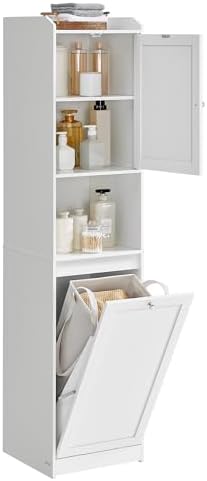VASAGLE Tall Storage Cabinet, Storage Unit with Removable Laundry Basket, Compartment and Cabinet, for Bathroom, Living Room, 15.8 x 15.8 x 66.9 Inches, Cloud White UBBC761W01
