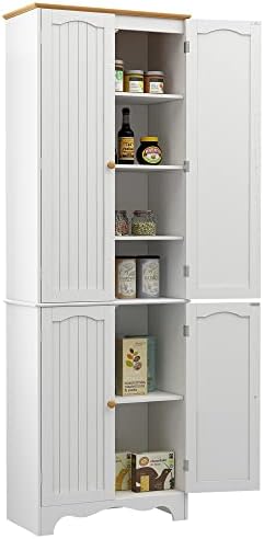 Yusong 72'' Tall Kitchen Pantry Cabinet, Freestanding Storage Cabinet with Doors and Shelves, Wooden Food Pantry Farmhouse Cupboard Buffet for Kitchen Dining Living Room, White