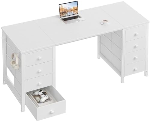White Computer Desk with Drawers on Both Sides for Home Office, 55 inch Girls Teens Desks with Storage Writing Study Table for Bedroom, Makeup Vanity Desks Without Mirror,8 Fabric Drawer