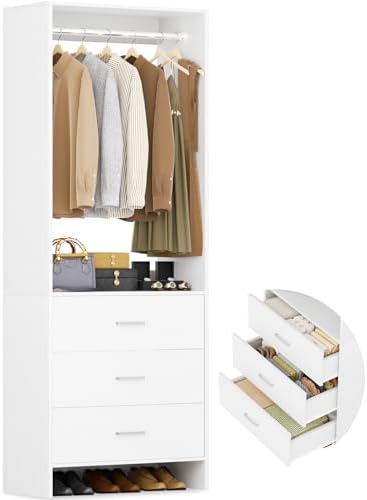Aheaplus 2FT Closet System with 3 Drawers, 24â€™â€™ Closet Organizer, Wood Closet Organizer System, Walk-in Closet or Small Closets Wardrobe, Clothes Rack with Hanging Rods,-E6, White