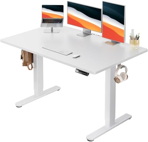 HUANUO Electric Standing Desk, 48" x 30" Whole Piece Desktop, Adjustable Height Computer Desk, 4 Height Memory Settings, Sit Stand Up Desk for Home Office, White