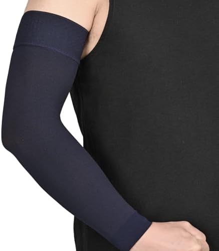 MGANG Lymphedema Compression Arm Sleeve for Women Men, Opaque, 15-20 mmHg Compression Full Arm Support with Silicone Band, Relieve Swelling, Edema, Post Surgery Recovery, Single Navy Blue XXL
