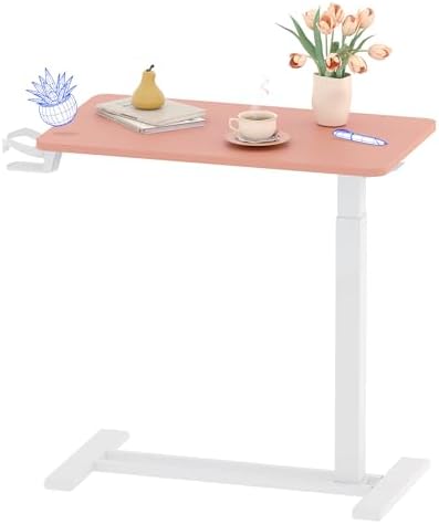 FLEXISPOT H7 Adjustable Overbed Bedside Table with Wheels Pneumatic Mobile Standing Desk Laptop Desk Rolling Computer Cart Movable Overbed Table Hospital Home Use(27.6" W x 15.7" D, Pink)