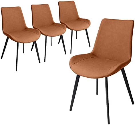Dining Chairs Set of 4, Modern Kitchen & Dining Room Chairs, Upholstered Faux Leather Cushion Seat and Sturdy Metal Legs (4 Brown Chairs)