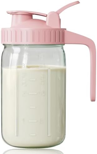 Breast Milk Pitcher, Mason Jar 32 oz, Heavy Duty Wide Mouth Jar with Pink Flip Cap Lid and Pour Spout, Airtight Seal for Freshness and Convenience, Great for Cold Beverages and Home Entertaining
