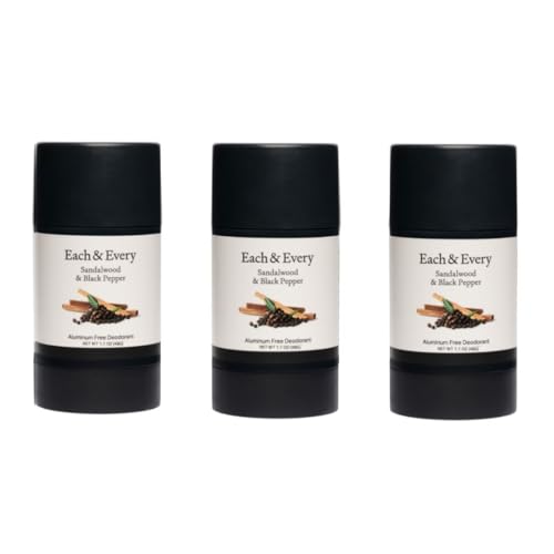 Each & Every All Natural Deodorant for Women & Men - Sensitive Skin, Plant-Based, Baking Soda & Aluminum-Free Deodorant - 24 Hr Odor Control - Sandalwood & Black Pepper Travel Size (3 Pack, 1.7oz)