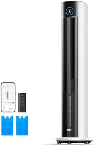 Dreo Evaporative Air Swamp Cooler, 43" Cooling Fans that Blow Cold Air 2025 Upgraded, 85° Oscillating Floor Fan for Bedroom, Easy Cleaning, APP Control, Ice Packs, 4 Speeds & 4 Modes, 12H Timer, White