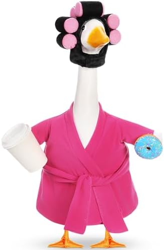 Winter Goose Outfit Christmas Lady Porch Goose Outfit for 23'' Cement Plastic Geese Statue Clothes Hot Pink Bathrobe Curlers Coffee Cup for Outdoor Garden Lawn Yard Patio Decoration