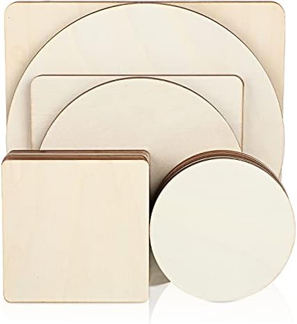 32 Pieces Unfinished Blank Wood Circles Squares for Crafts 3 Sizes Christmas Natural Wood Cutouts Tiles Round DIY Blank Discs for Tree Hanging Decor
